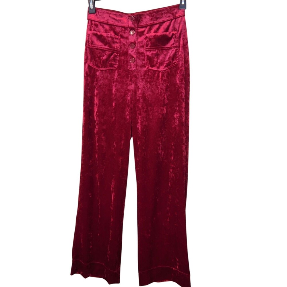 High Waist Velour Pants Wide Leg Crimson Red Stretchy Medium